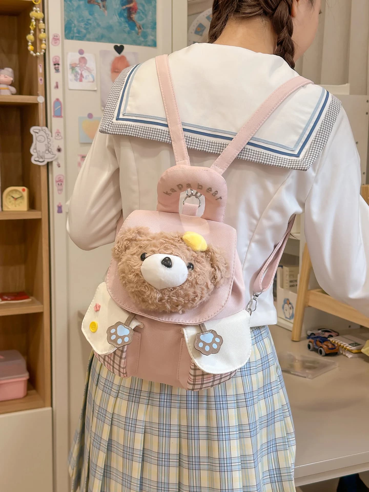 Cute Bow Plush Puppy Little Bear Flap Backpack Korean Version Fashion Casual School Bag Exquisite And Portable Little Backpack