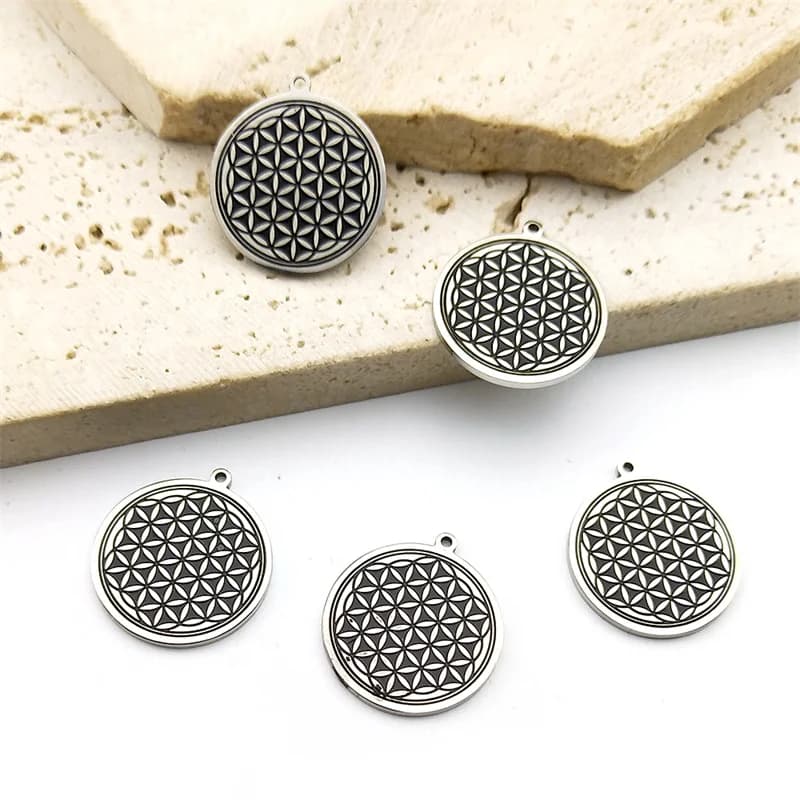 5PCS Chakra Symbol Flower Seed of Lifes Charm Jewelry Making Stainless Steel Pendant Bracelet Accessories with DIY Necklace