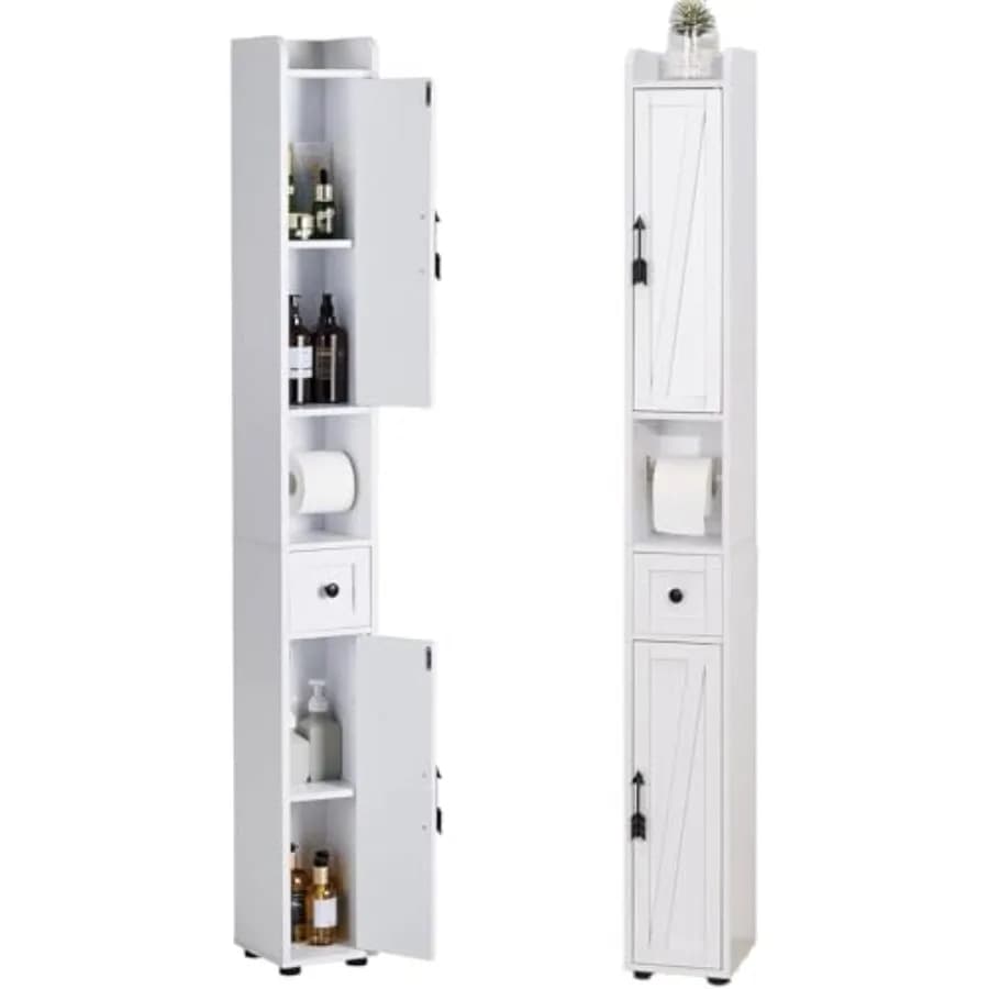 Mobiletto contenitore, mobiletto stretto da bagno alto 67 pollici con ripiani regolabili, porta carta igienica, 2 ante magnetiche e cassetto, per