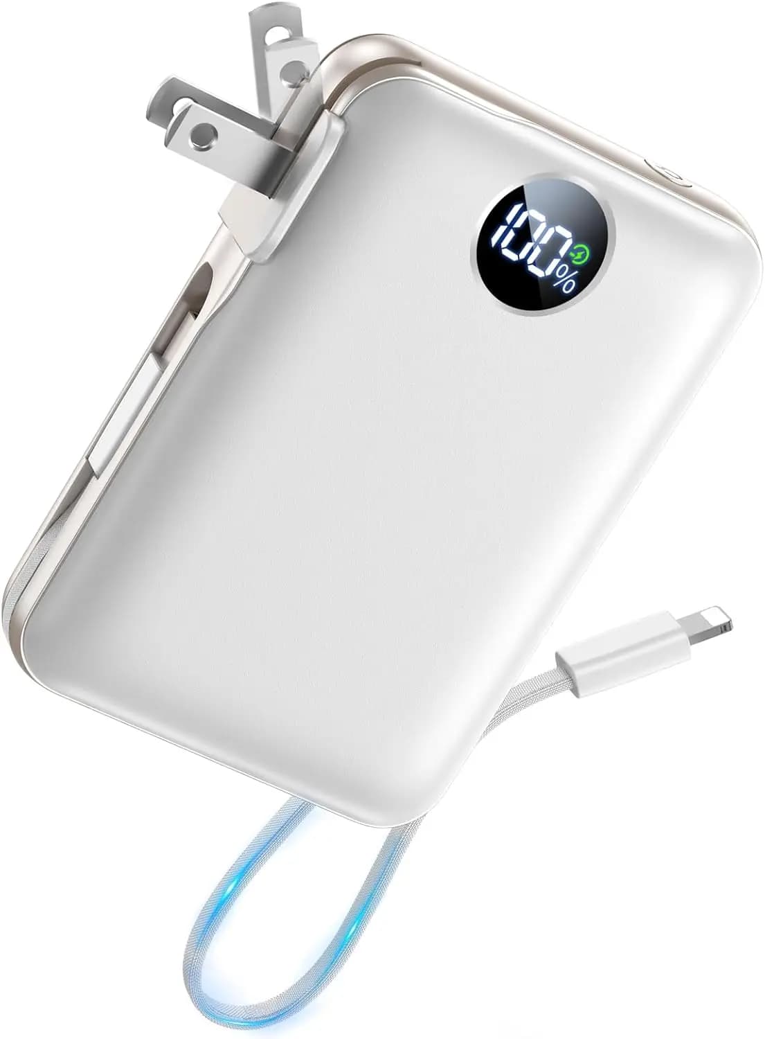 10000mAh Subtle Power Bank with Integrated Cables and Wall Grip, 22.5W USB-C Quick Charging, 4 Outputs, LED Display for iPhone Series