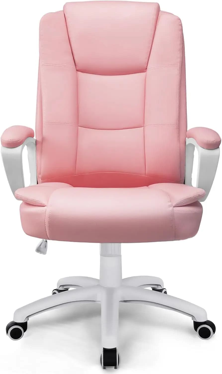 Sedia da Ufficio Ergonomica in Pelle Rosa con Schienale Alto, Supporto Lombare, Girevole, Regolabile, con Braccioli per Computer