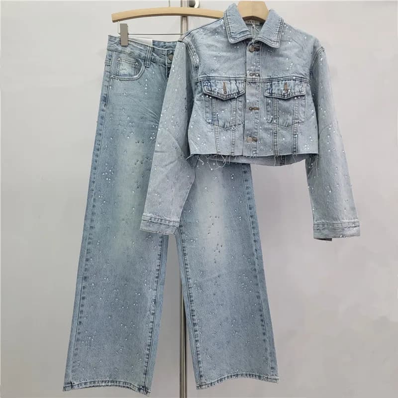 Nuova Giacca Corta in Denim Elegante con Strass Monopetto Stile Americano per Donna, Jeans a Vita Alta a Gamba Larga Dritta Femminile 2026