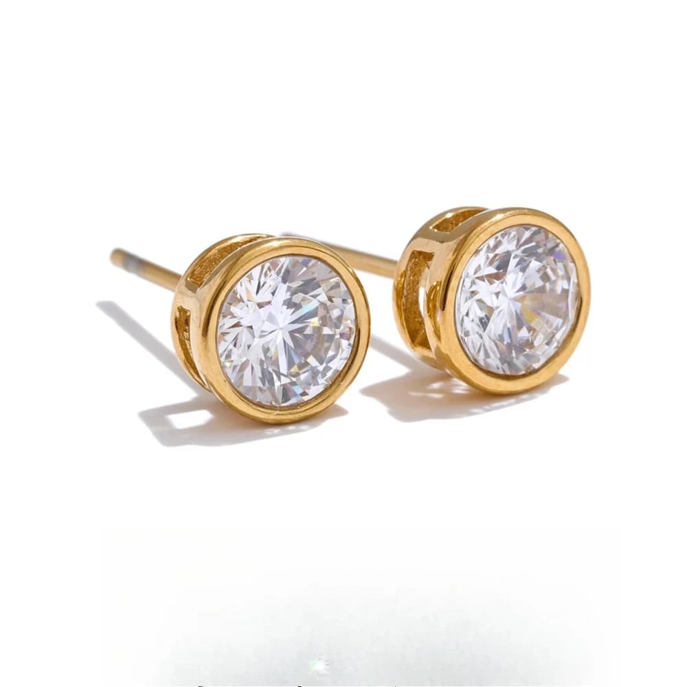 2 Pairs 18K Gold Plated Hypoallergenic earring posts Shiny Cubic Zirconia Minimalist 6MM Round Stud Earrings Luxury Versatile Daily Premium Jewelry Accessories