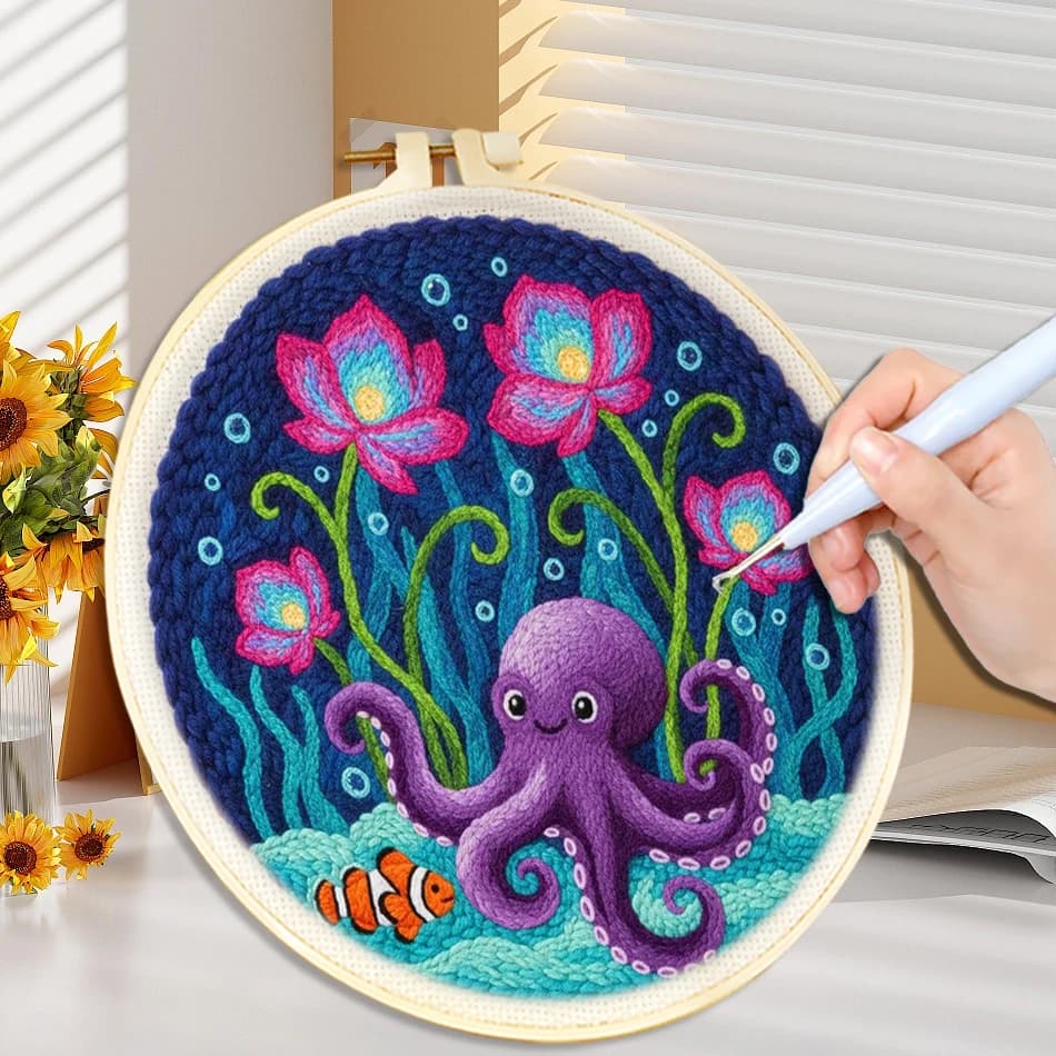 punch needle embroidery adult crafts Cute Animal Pattern Underwater Octopus 20x20cm Sewing Embroidery frame Cross stitch DIY Kit