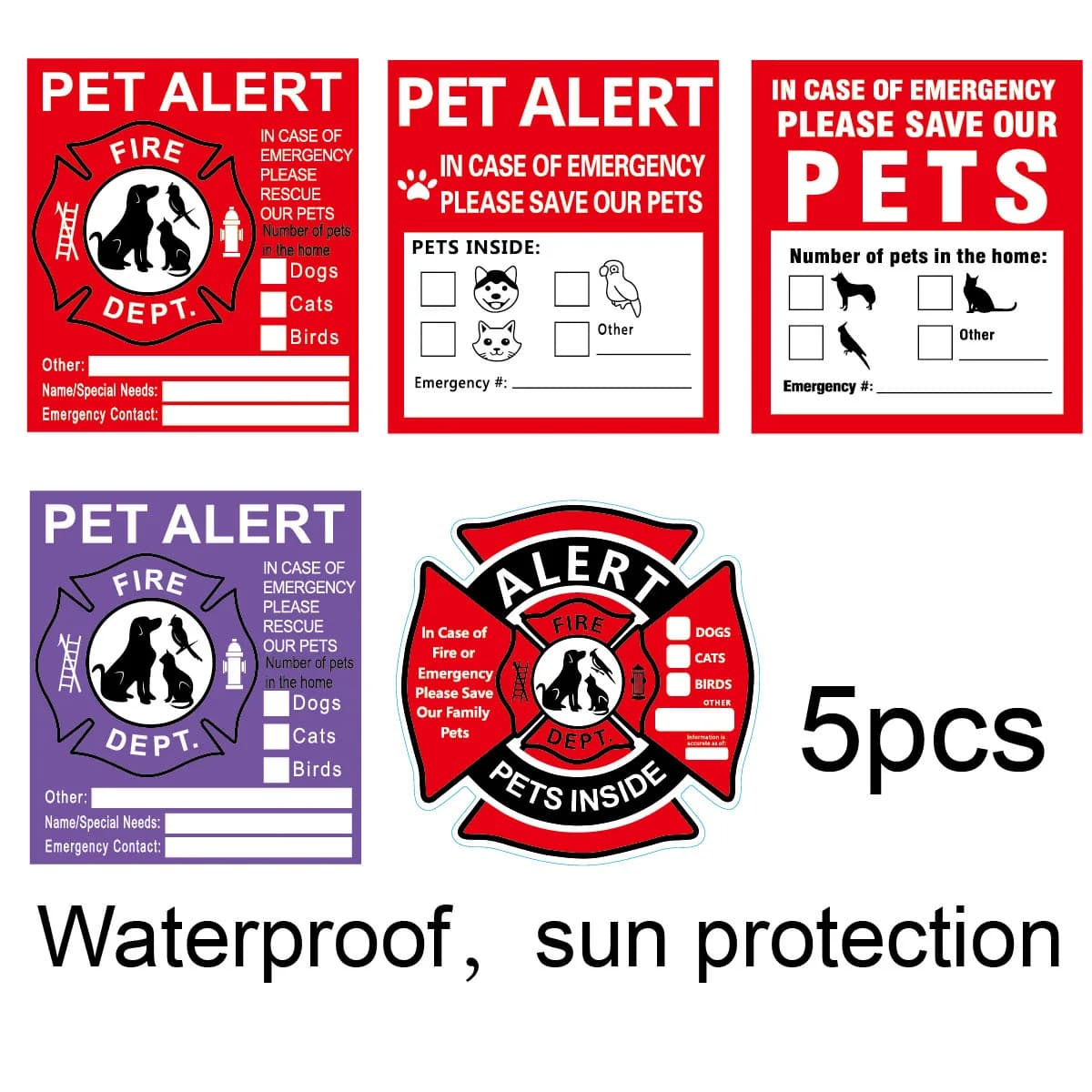5 Pcs/pack Pet Alert Safety Fire Rescue Sticker, 4 X 4.5 Inch Adhesive Vinyl Door, Window Stickers, UV Resistant-Waterproof