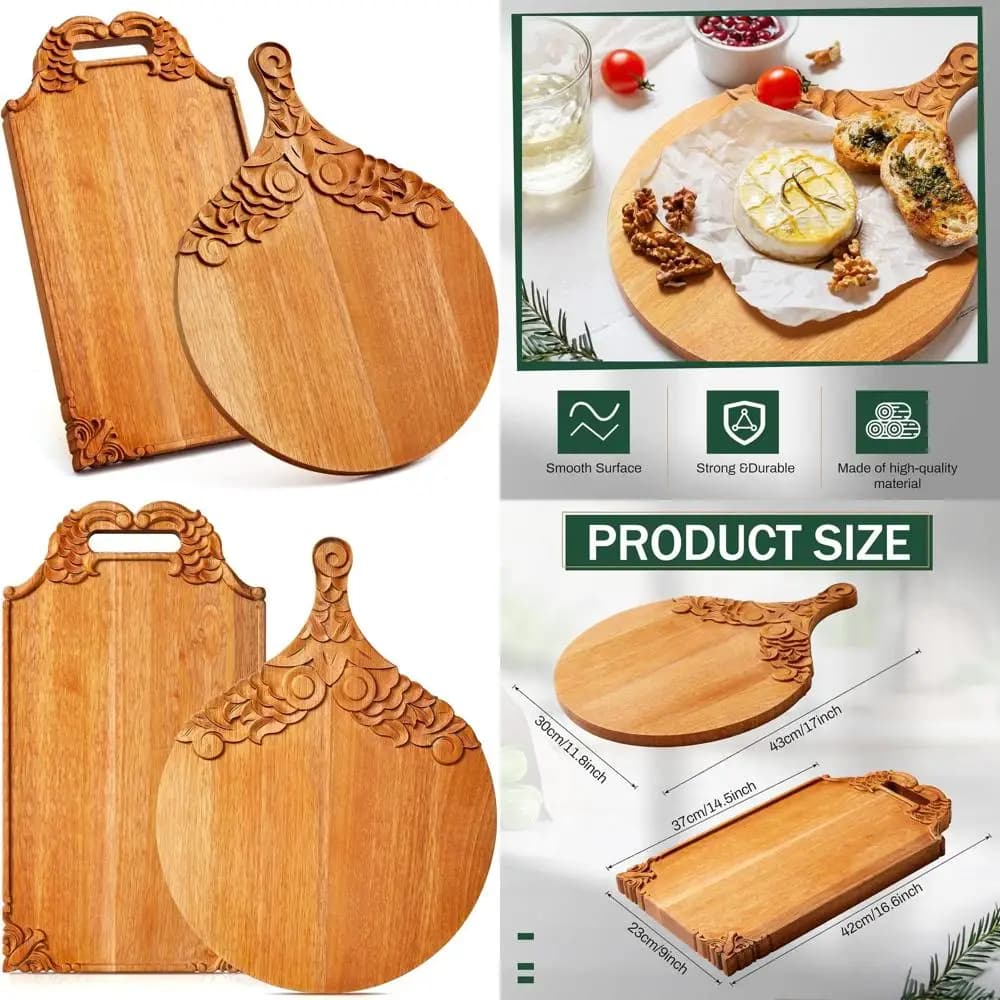 Set of 2 cutting boards in mango wood with handles, large trays for cured meats, square paddles for meat, fruit, pizza