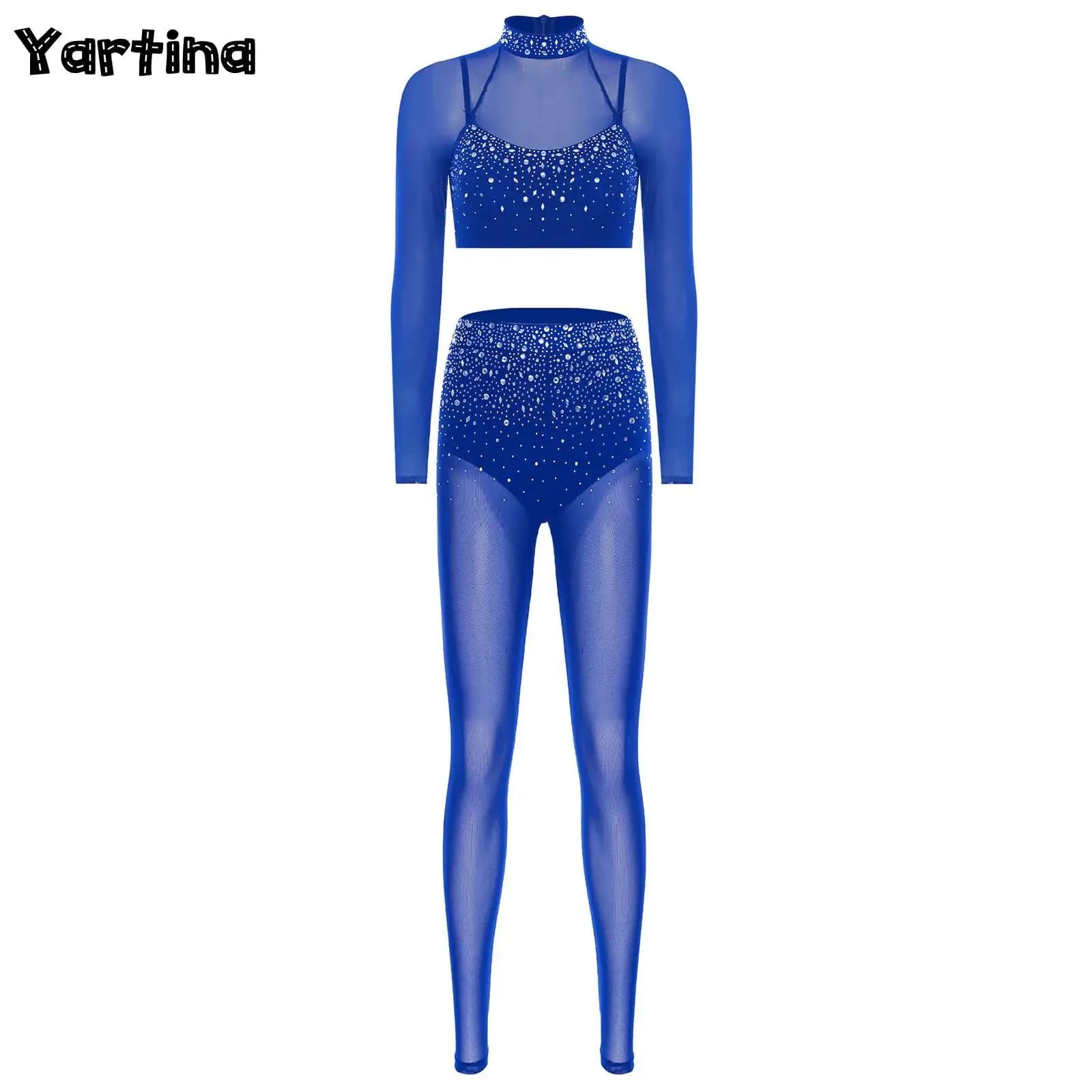 Donna Glittery Strass Ginnastica Balletto latino Abiti da ballo Top corto a maniche lunghe e slip incorporati Collant Leggings
