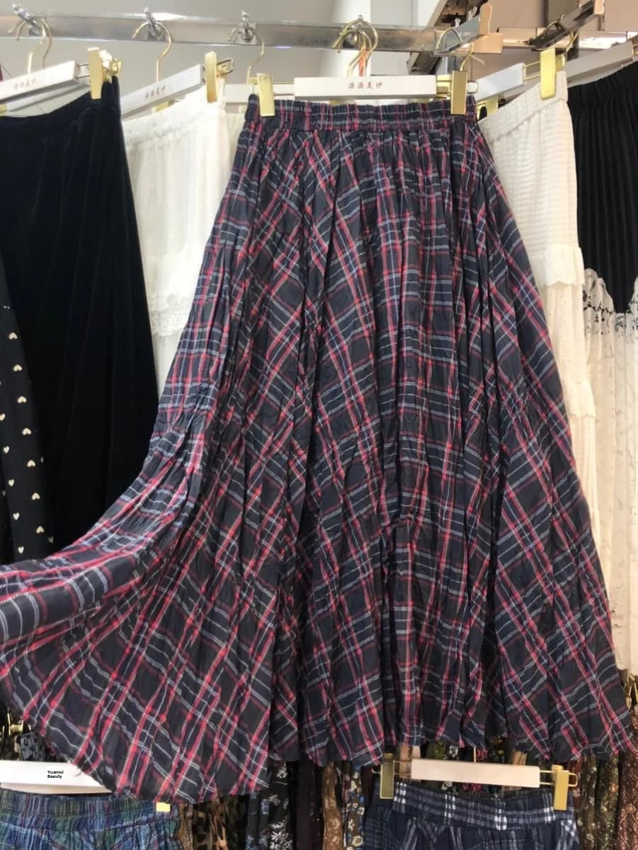 Gonna a Quadri da Donna Vintage, Plissettata, Spessa, Autunno Inverno, Vita Alta, Linea A, Foderata, Lunghezza Midi