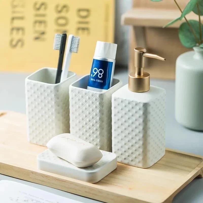 Relief Matte Ceramic 4 Piece Set/3 Piece Set Bathroom Soap Dispenser Mouthwash Cup Soap Dish Toilet Set Bathroom Set Accessories
