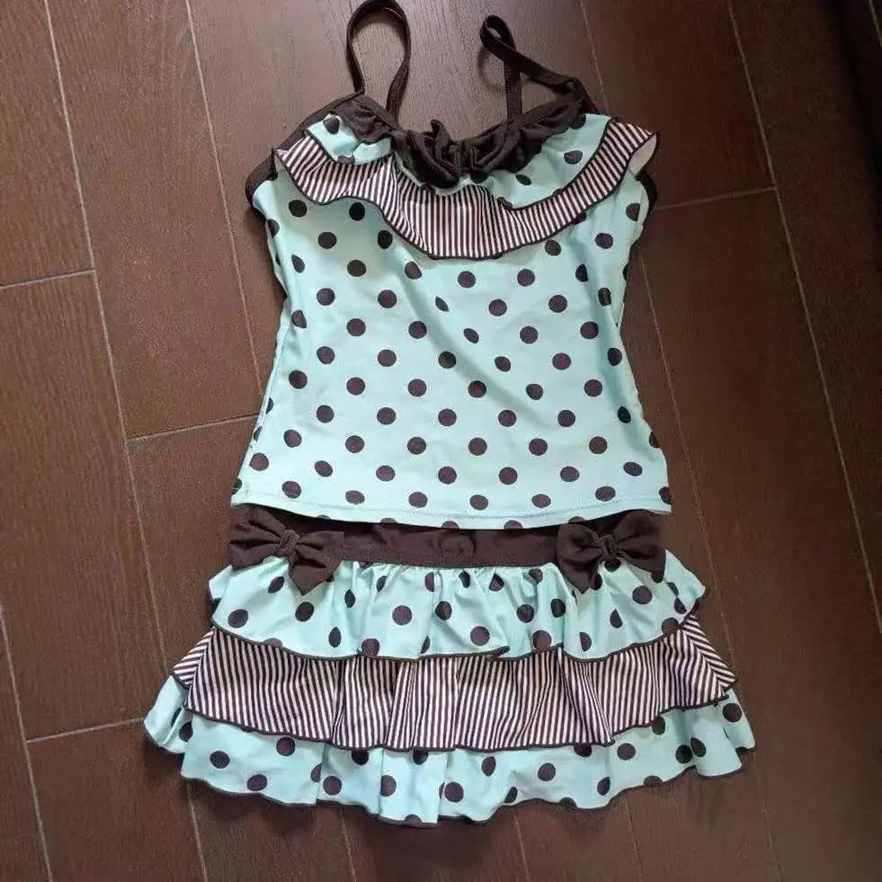 Sexy Kawaii Lolita Two Piece Swimwear Women Floral Print Ruffle Crop Top Skirt Design Summer Casual Outfit