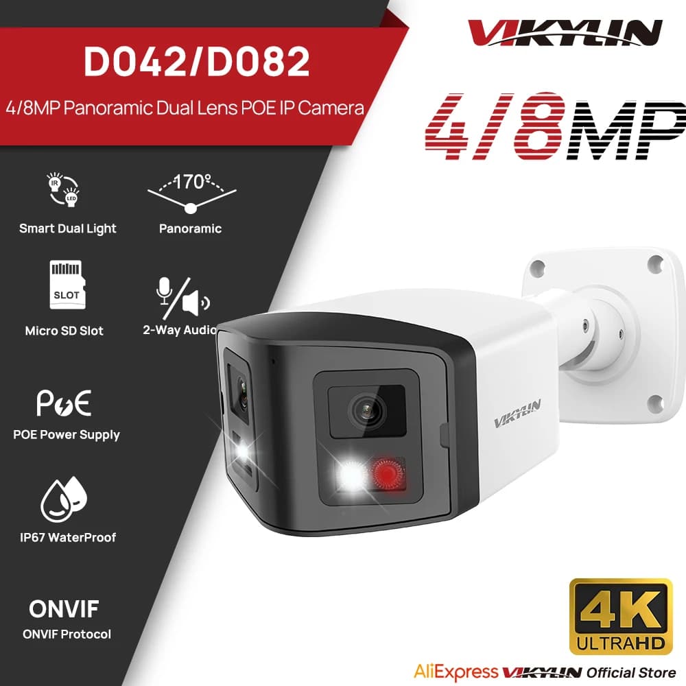 VIKYLIN 170° Panoramic Security Camera Smart Dual Light 4/8MP Dual Lens IP Camera CCTV Outdoor Surveillance with POE Onvif IP67