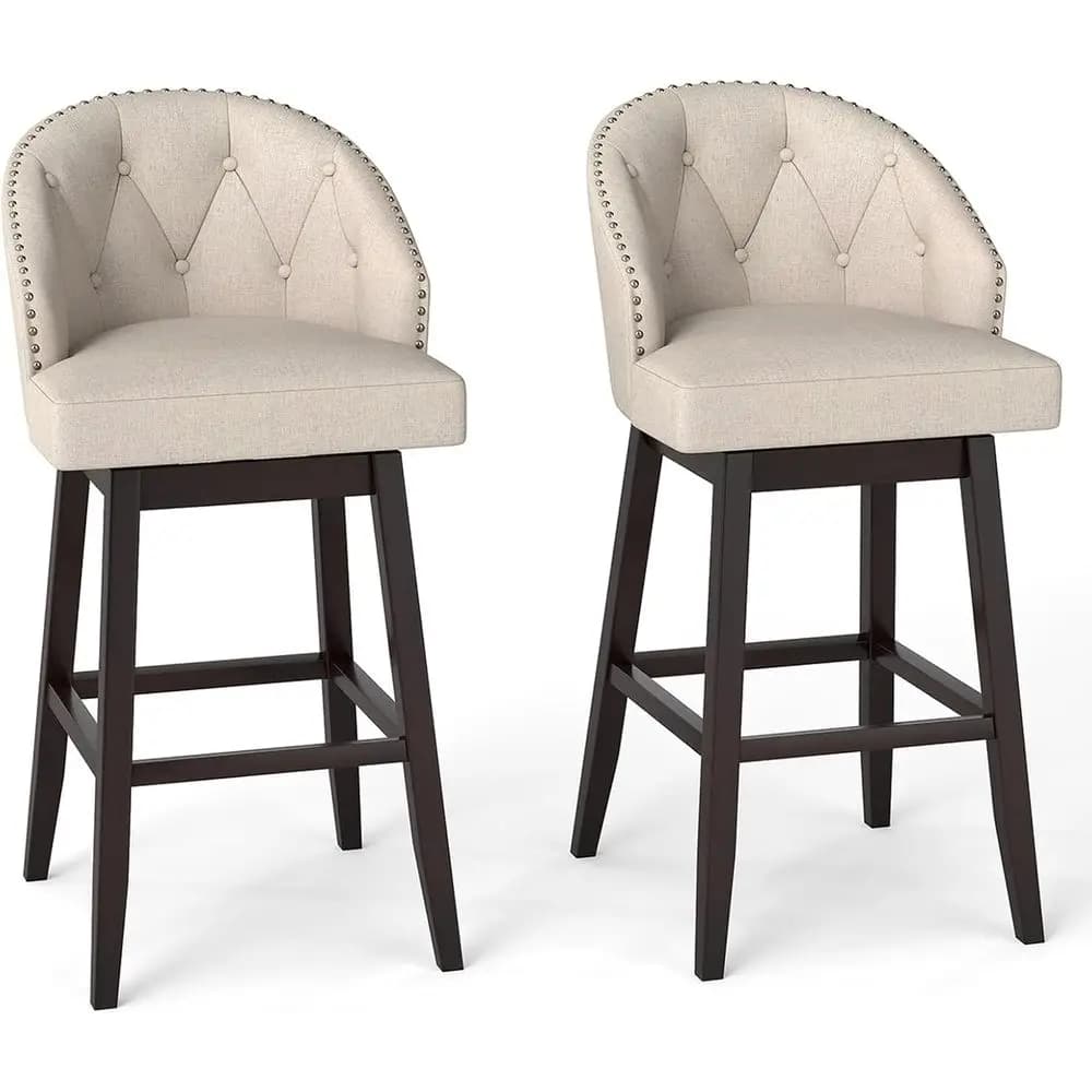 Set di 2, 31 sgabelli da bar girevoli con schienale imbottito, tessuto in lino, poggiapiedi regolabili, beige e marrone