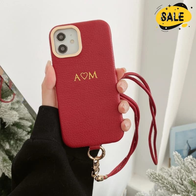 Nome personalizzato Lettera Litchi Modello PU Custodia per telefono per Iphone 13 12 11 Pro Max Custodia protettiva per cordino di moda con tracolla protettiva