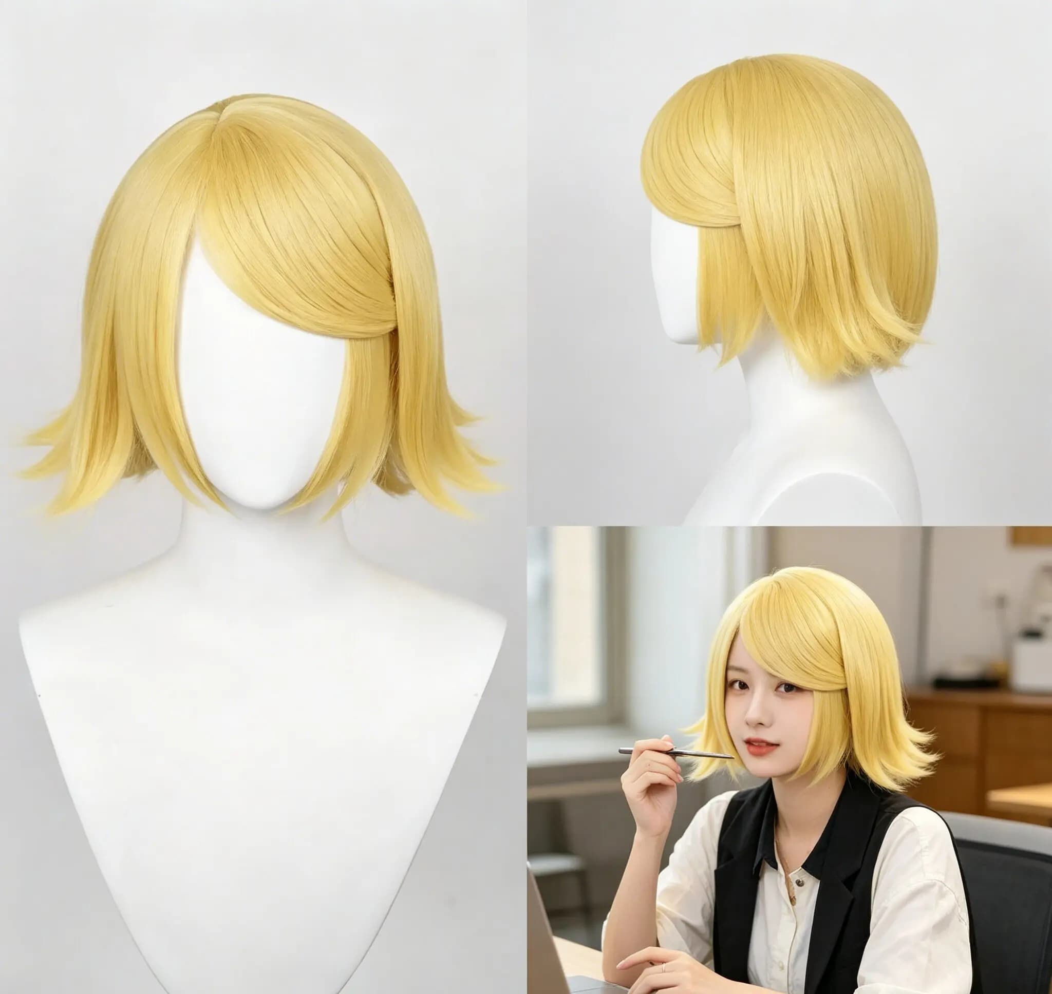 Parrucca cosplay Halloween Anime Rin Len, parrucche corte giallo chiaro, capelli sintetici resistenti al calore, per feste e travestimenti da gemelli.