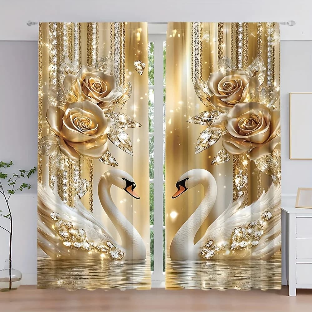 2 tende eleganti in poliestere che filtra la luce, floreali e foglie dorate, con tasca per asta, per soggiorno, camera da letto, cucina e bagno