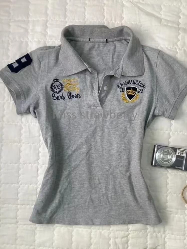 Embroidered Shoulder Polo Neck Short Sleeve T-shirt Female Summer Design Hot Girl Vintage Preppy Style Short Thin Tees Outfits