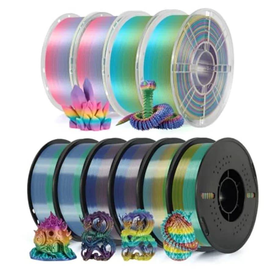 Filamento per stampa 3D FDM: 10 bobine da 1,5 mm di diametro, materiale PLA multicolore sfumato, precisione 0,03 mm, anti-intasamento.