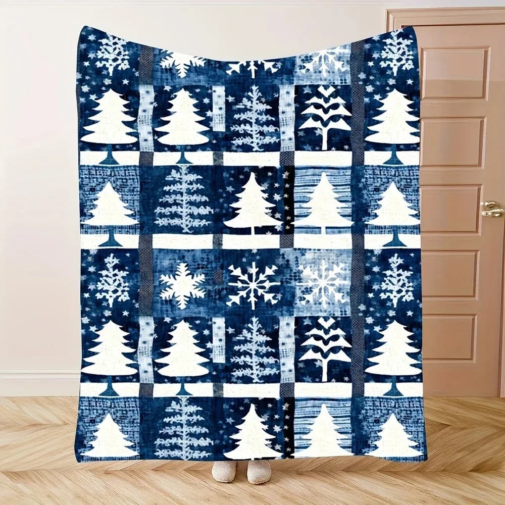 Blue Christmas Snow Tree Quilted Blanket | Flannel Anti-Tear Machine Washable Sofa Throw & Holiday Gift