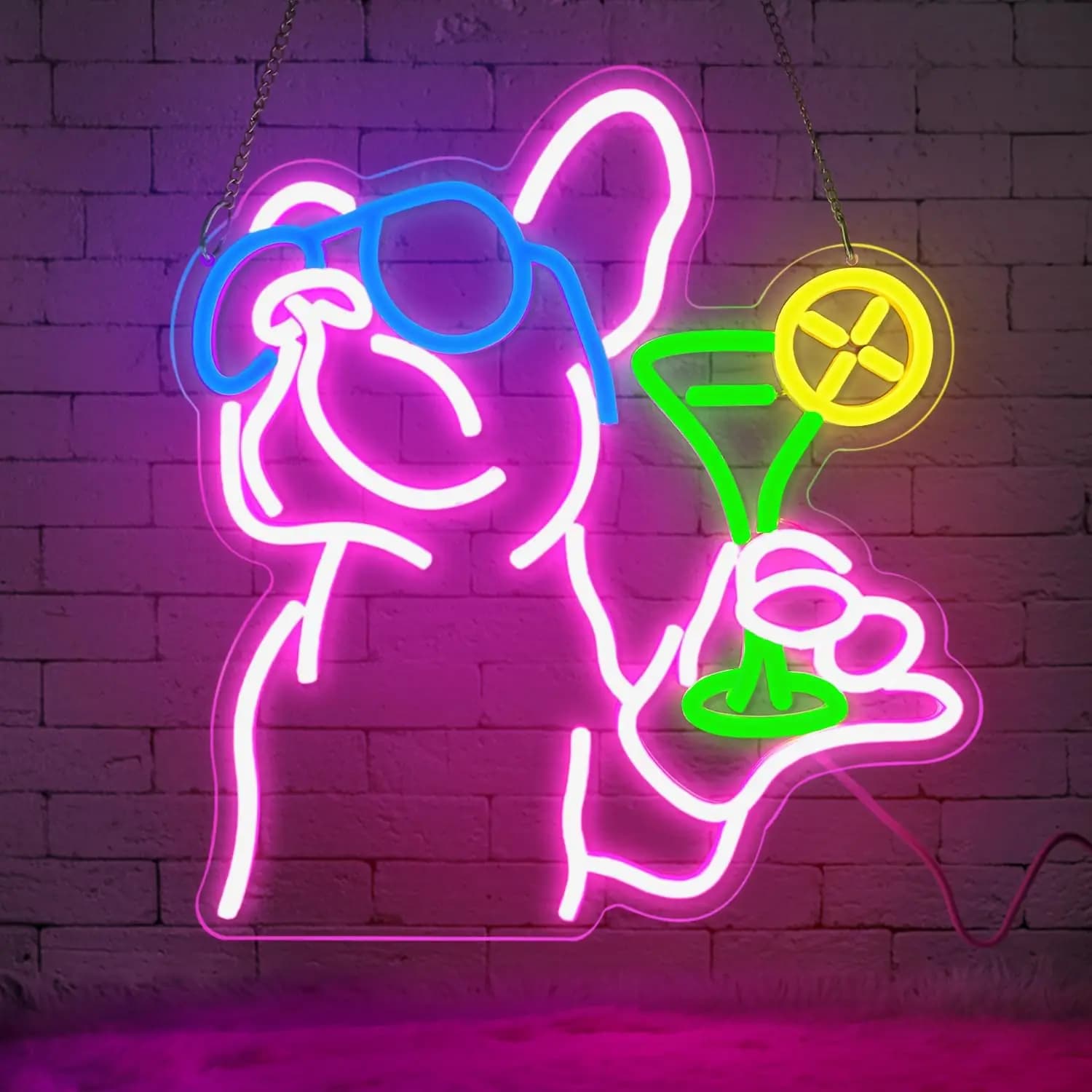 Bulldog francese che beve cocktail insegna al neon USB dimmerabile luce al neon per camera da letto casa pub club uomo grotta bar decorazione festa