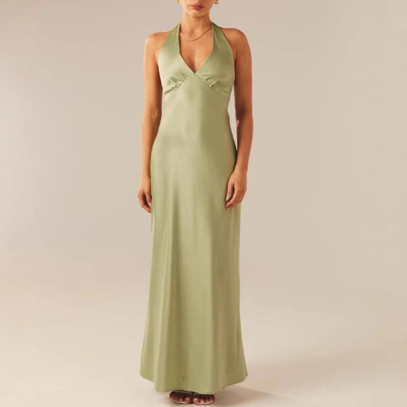 Women Summer Elegant Sexy V-Neck Straps Backless Tie Up Dress Slim Satin Evening Gown Party Dress Tank Sleeveless Croped Spicy