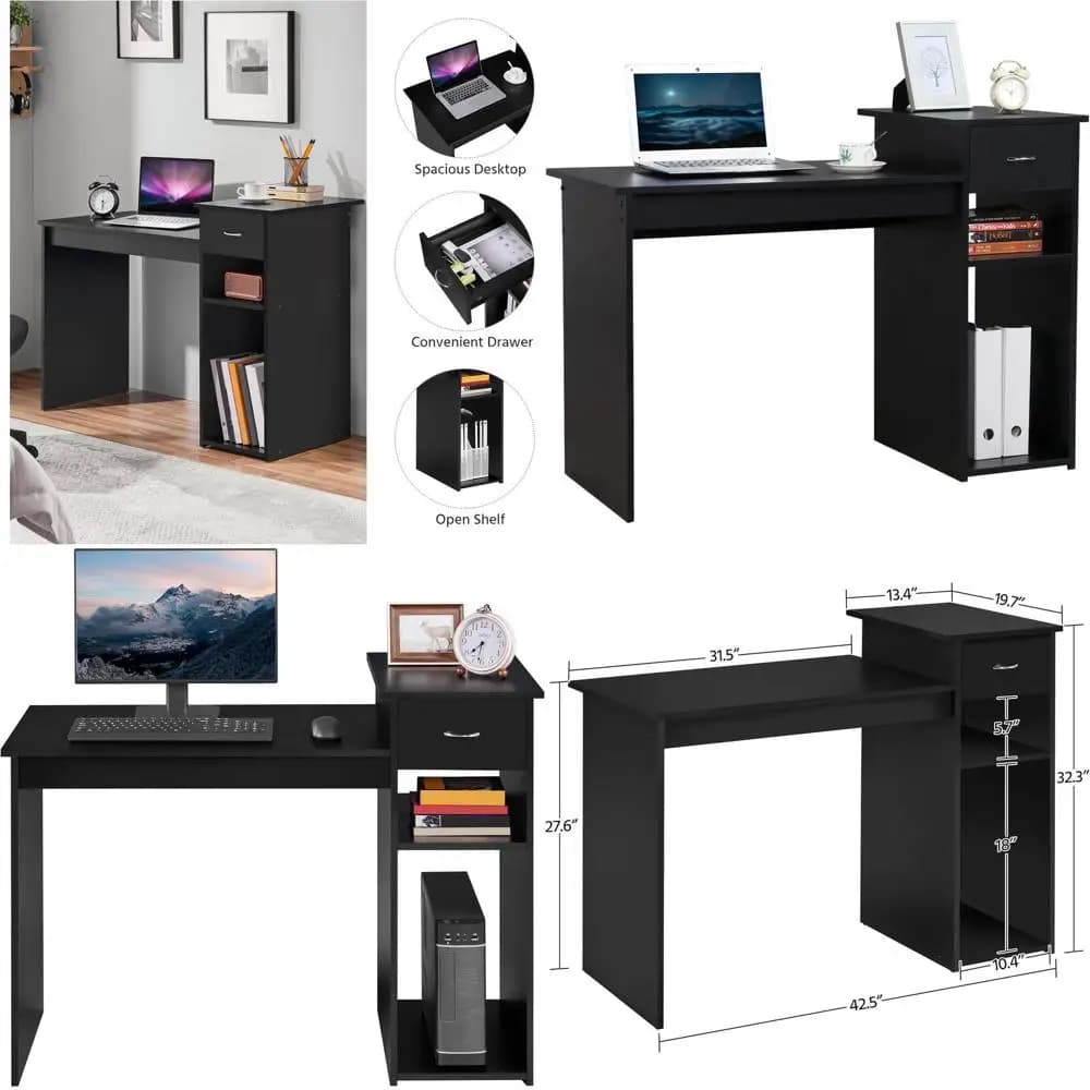 Modern Laptop Wood Desk with Storage Room and Monitor Support, Black, for Home Office and Studio