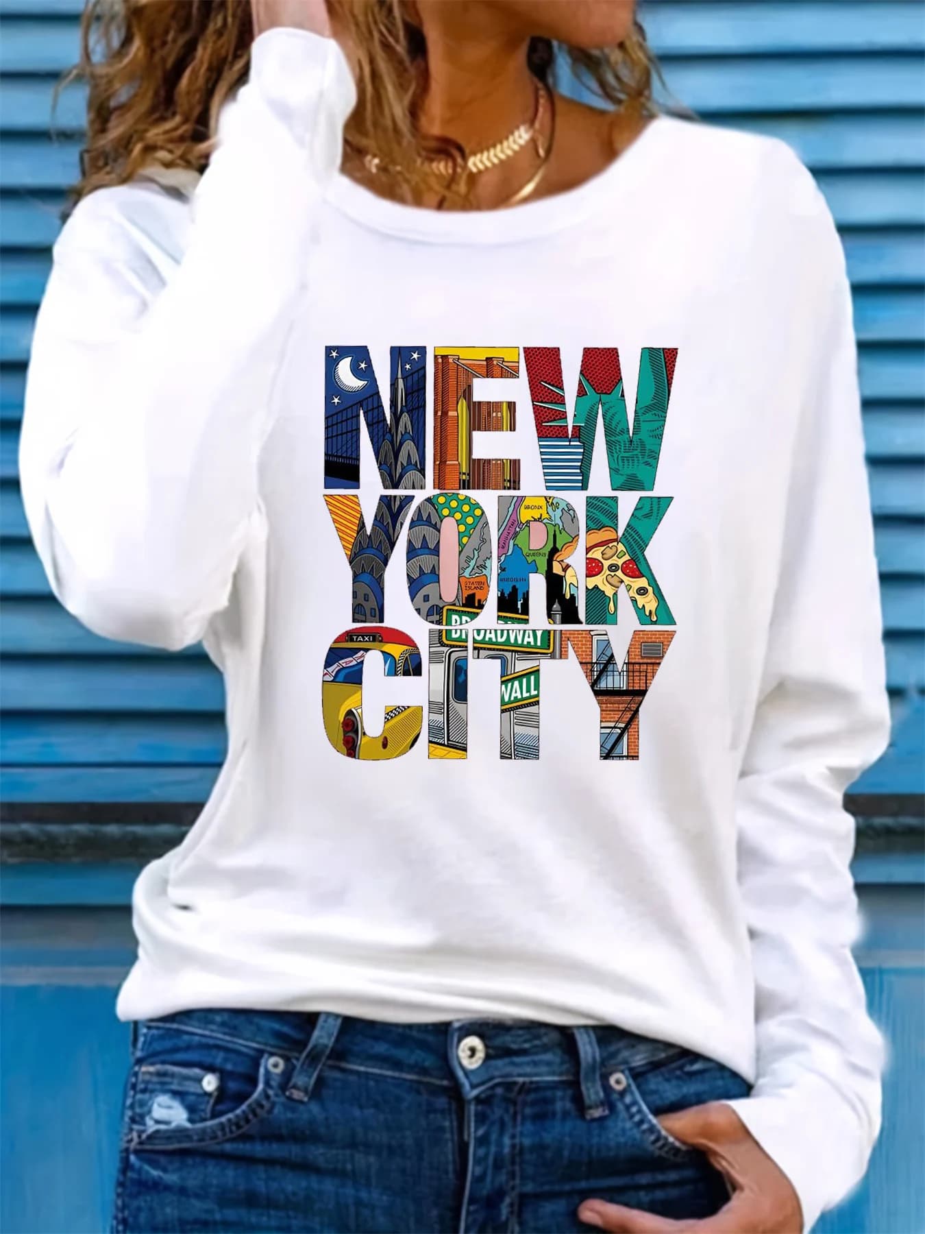 T-shirt girocollo con stampa grafica New York City a maniche lunghe casual comoda primavera e autunno da donna in puro cotone al 100%.