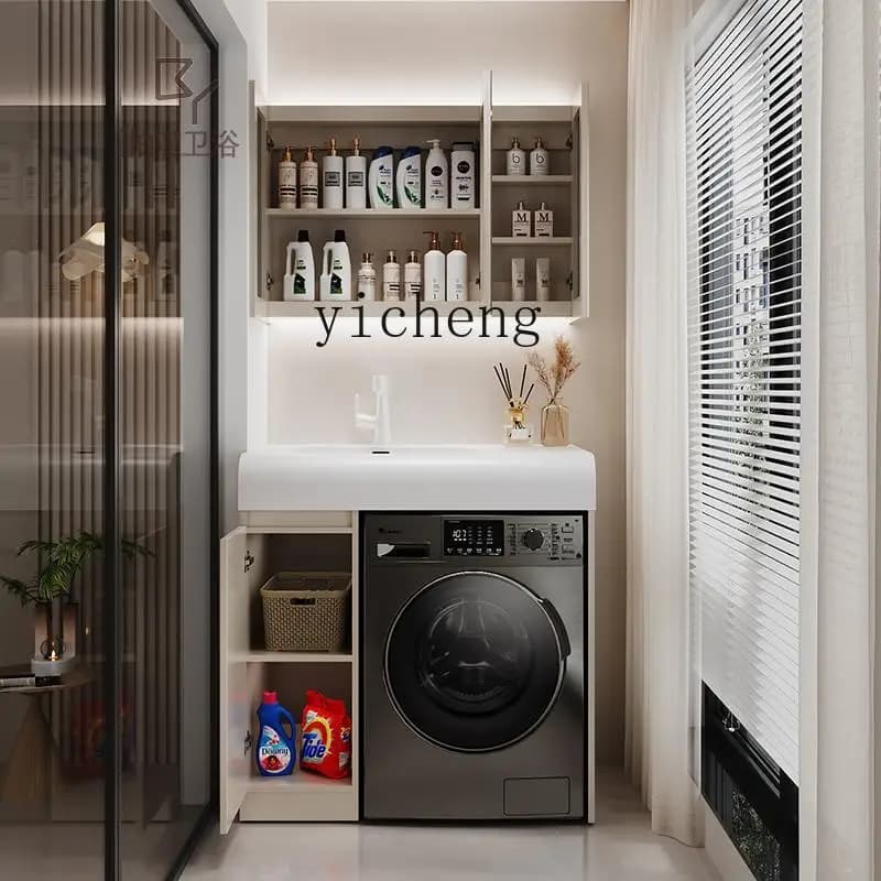 YFY small apartment upper basin washing machine integrated cabinet solid wood bathroom hand wash face wash mirror cabinet
