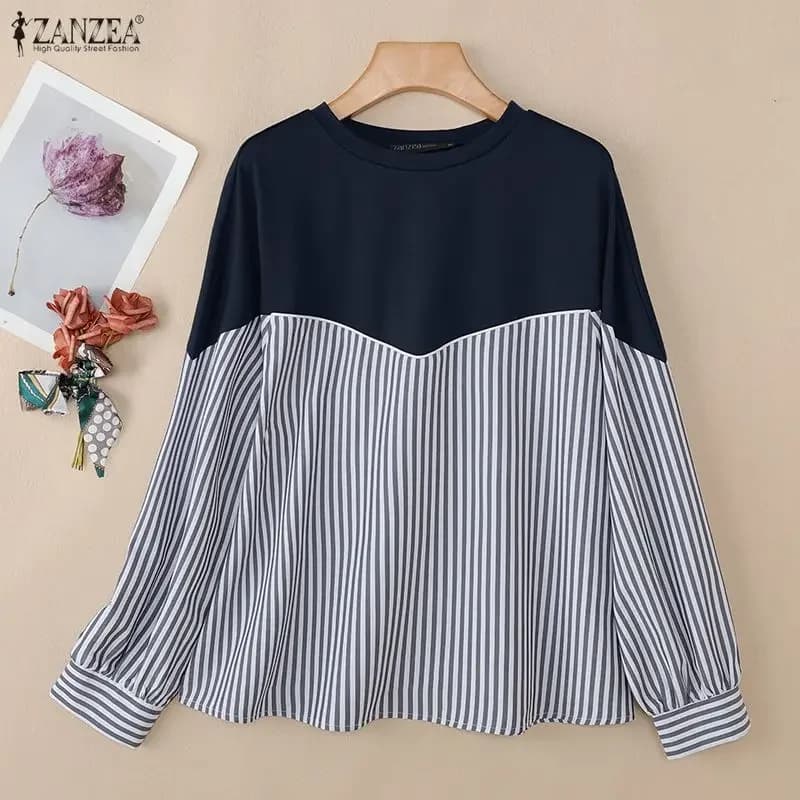 2026 ZANZEA Camicetta Estiva a Righe con Patchwork da Donna, Casual, Girocollo, Maniche Lunghe, Top Musulmano con Hijab, Blusa da Lavoro Femminile Oversize