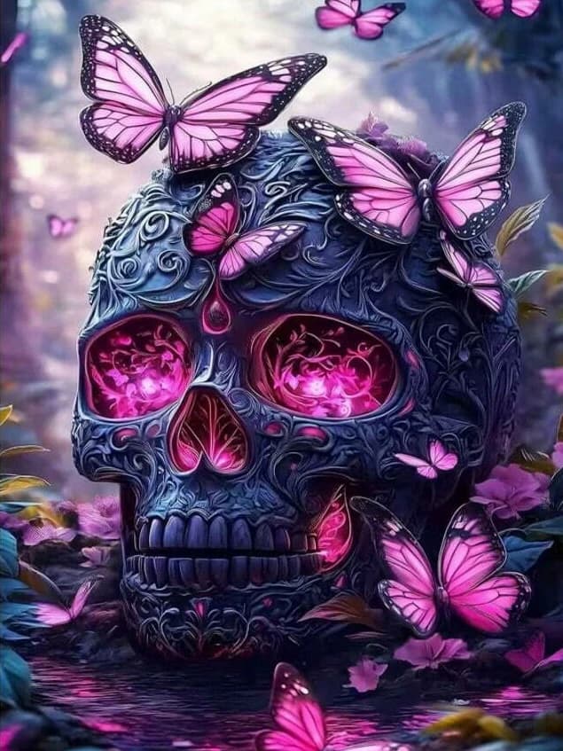 Carved Skull with Pink Glowing Butterflies Fantasy Art 5D DIY Diamond Painting Kit Cross Stitch, Handmade Art Home Wall Decor