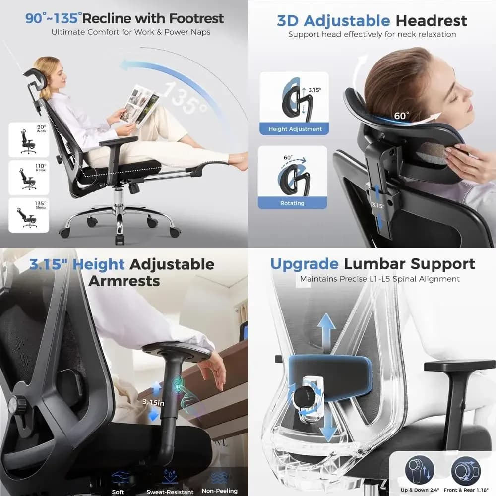 Sedia da ufficio ergonomica, sedia da gaming grande e alta con poggiapiedi, supporto lombare e poggiatesta adattivi 3D, schienale alto con rotelle per computer