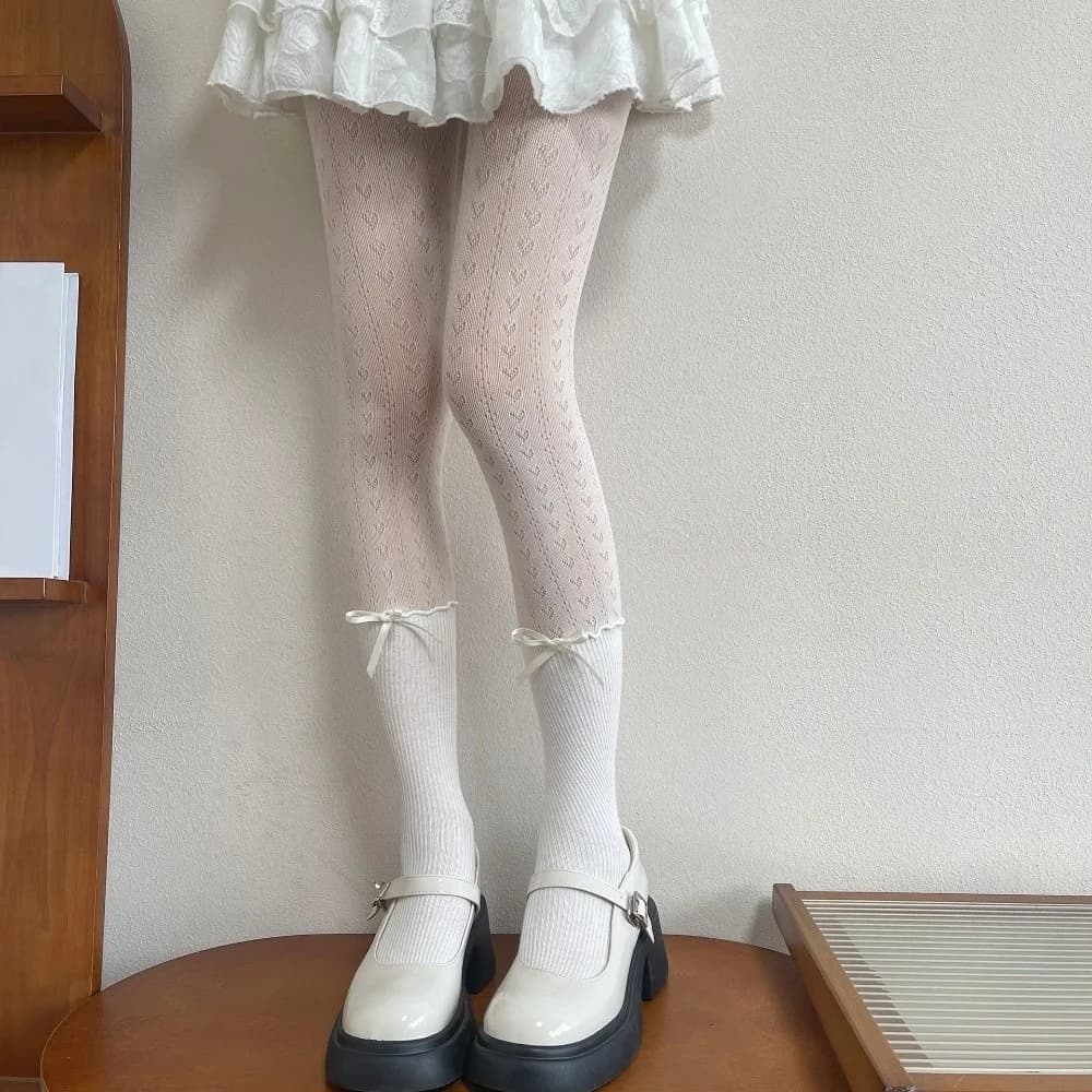 Collant a Rete Elastici Effetto Due Pezzi con Bordo a Cuore in Pizzo, Modellanti, Traspiranti, per Feste