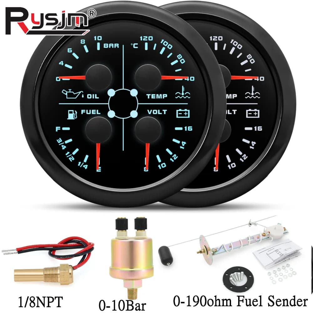 85mm Boat Car 4 IN 1 Fuel Gauge 0-190ohms Water Temp Oil Pressure Voltmeter With NPT1/8 Temperature Sensor Fuel Sender Unit