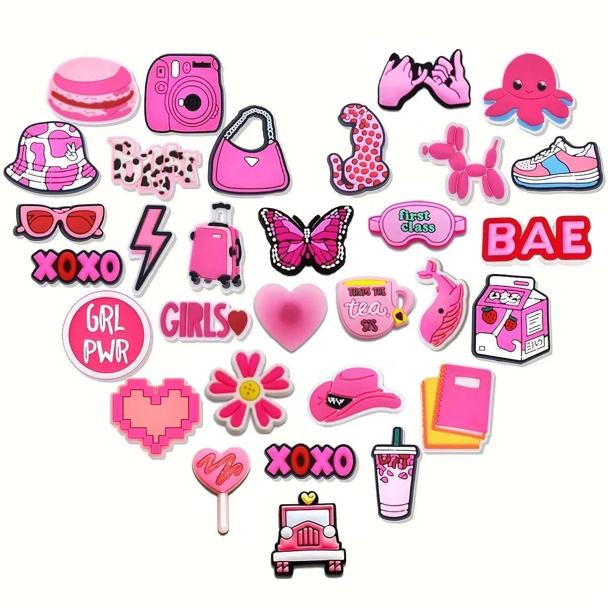 31 pezzi rosa set di ciondoli per scarpe di San Valentino per zoccoli borsa Bogg sandali con diapositive a bolle, decorazioni per scarpe in PVC accessori per borse da spiaggia regalo I