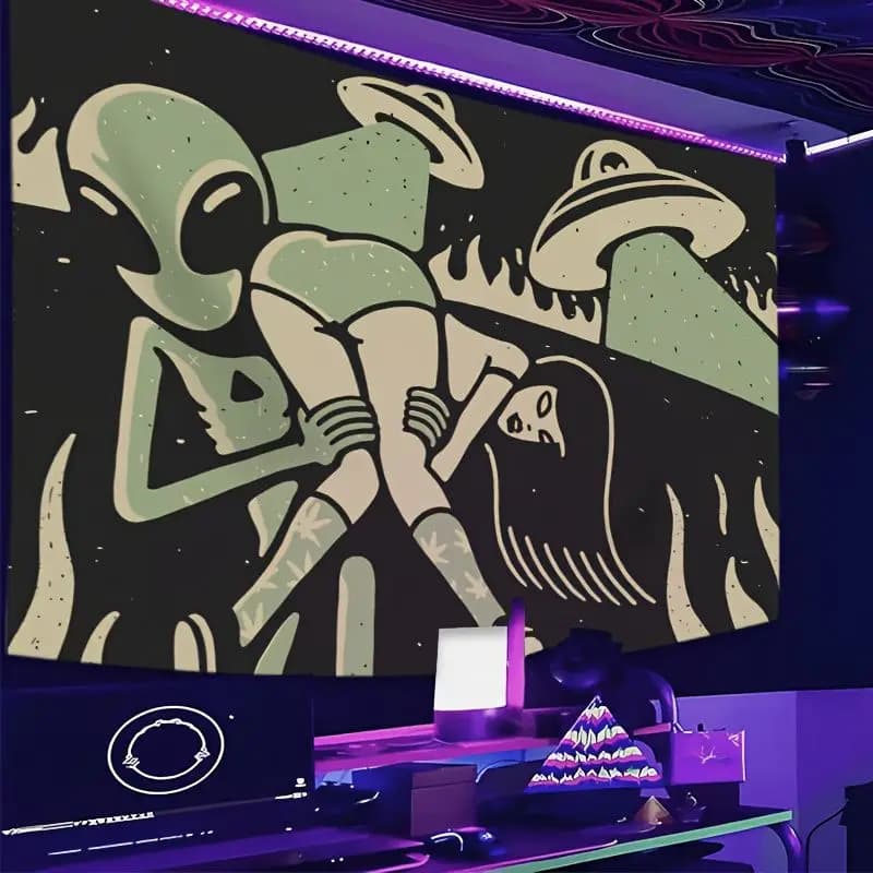VIKAMA Alien UFO Tapestry, Psychedelic Space Wall Hanging, Aesthetic Bedroom Esports Room Gamer Decor