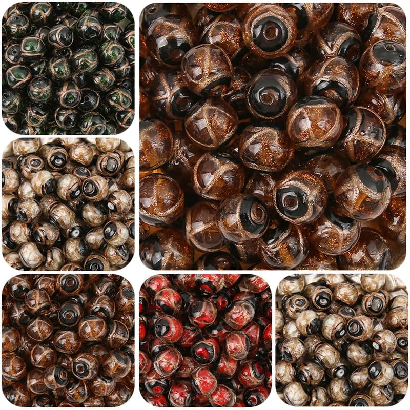1 pz. Perline decorative in vetro lavorato a lume con polvere d'oro da 10 mm, nuove, per creazione gioielli fai da te, bracciali, collane, accessori artigianali