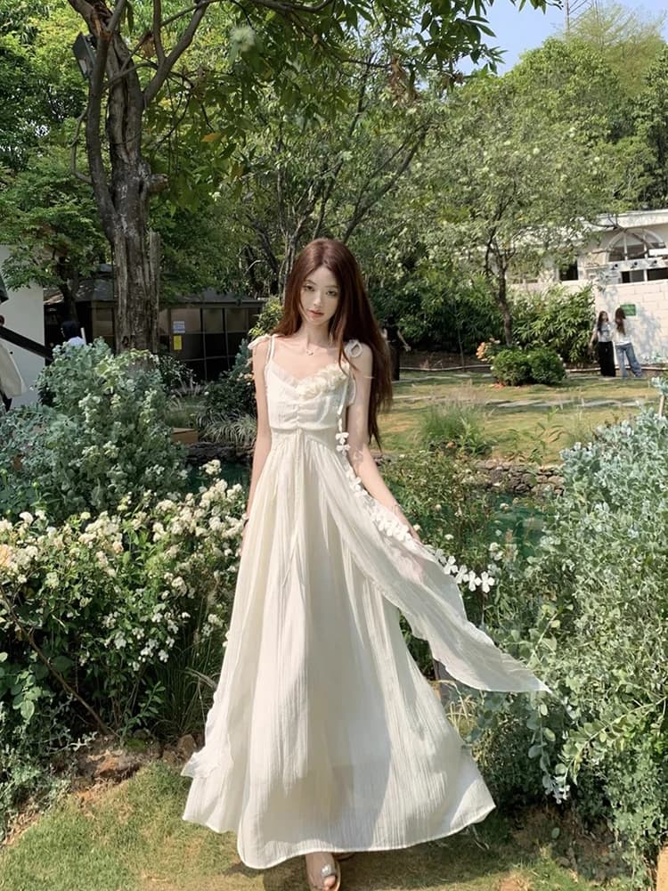 Romantic First Love Asymmetrical Strap Dress Women's Summer Beautiful Beach Vacation Elegance Fairy Long Dress