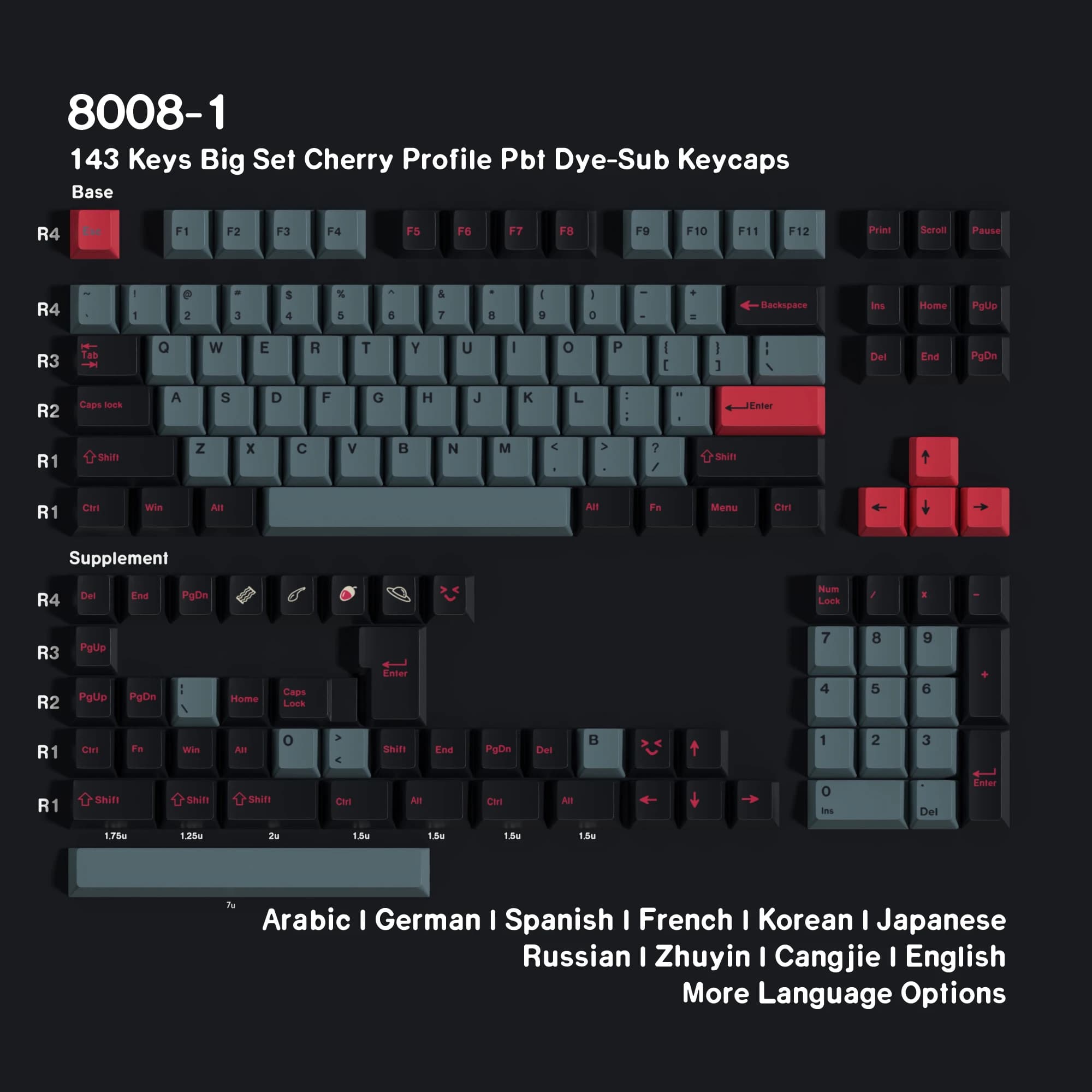 GMK 8008 Keycaps Red Dye Sub Big Set 143 keyboard keys German Korean Spanish Arabic French Abnt-2