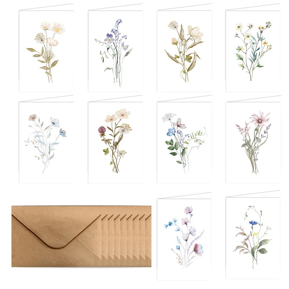 10 Pack Blank Greet Cards, Beautiful Watercolor Wildflower Blank Note Cards, Perfect Stationary Set For All Occasions