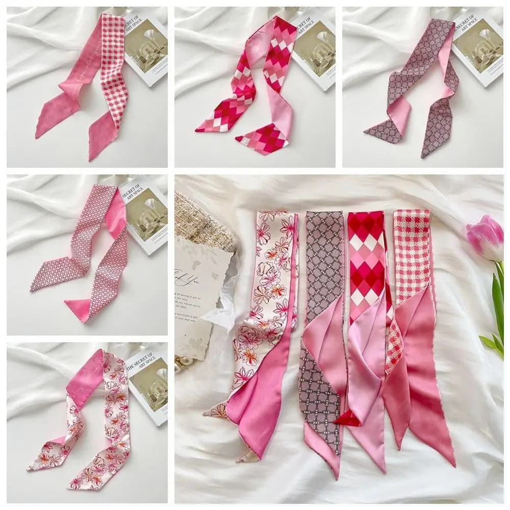 Ribbon Headband Silk Scarf All-match Pink Hair Tie Long Scarf Scarf Accessories Flower Printed Scarf Women