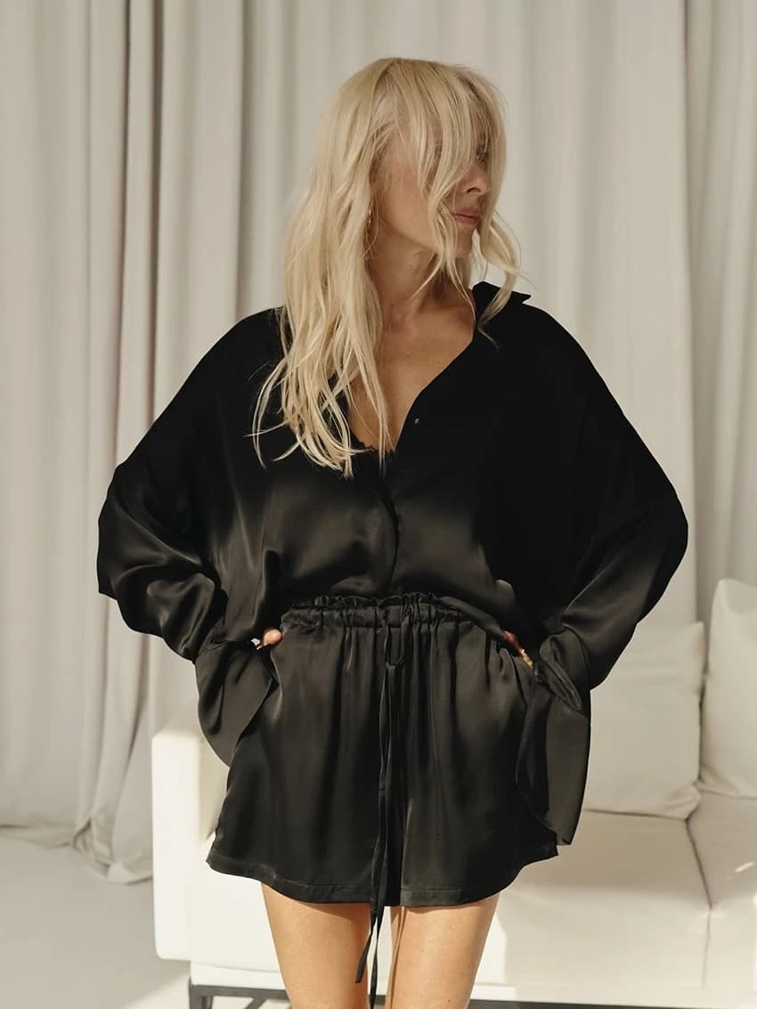 Marthaqiqi Casual Ladies Nightwear Set Turn-Down Collar Sleepwear Long Sleeve Pajamas Shorts Loose Winter Female Nightgowns Suit