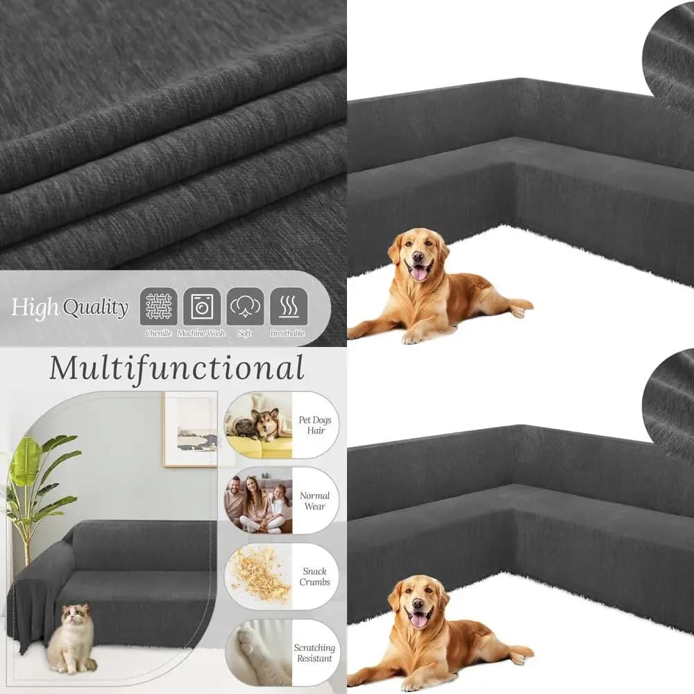 Copridivano componibile super morbido in ciniglia per cani, antiscivolo, lavabile, grigio scuro, 91x276 pollici, protezione a forma di U