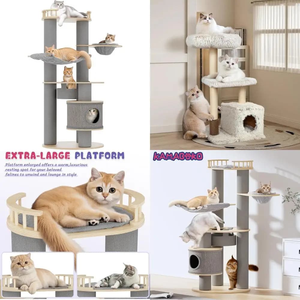 "torre per gatti in legno a 5 livelli con condominio, amache e cesto sospeso per due gatti"