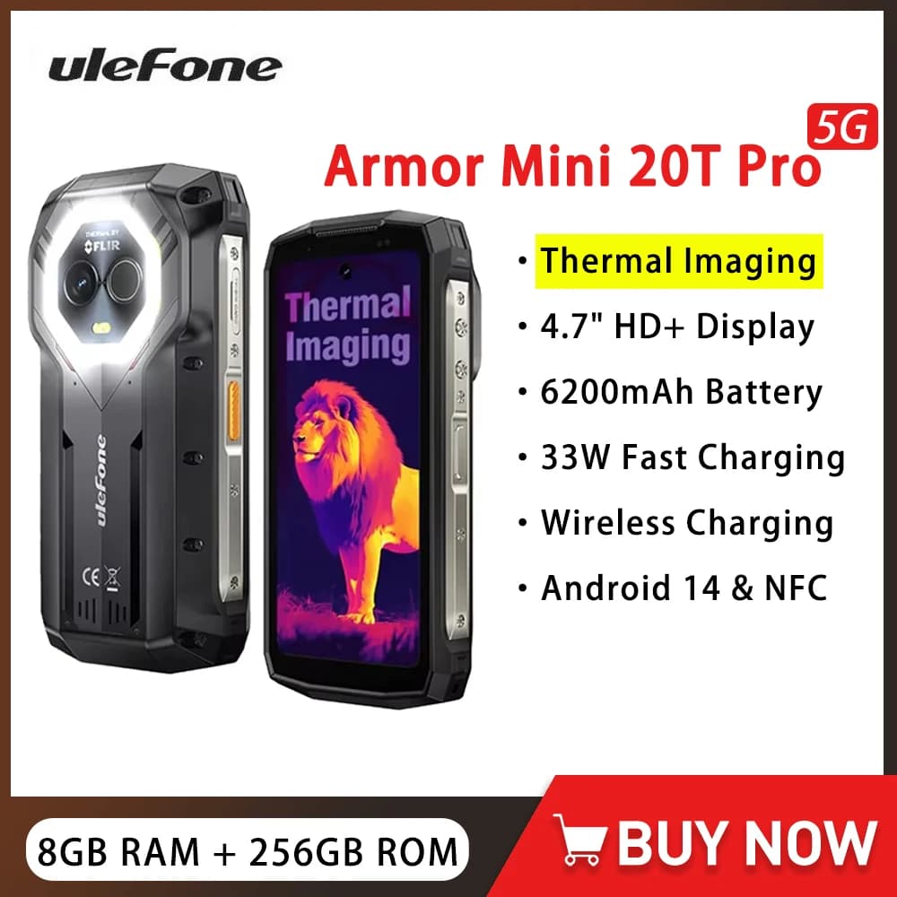 Ulefone Armor Mini 20T Pro 5G Telefono robusto Lmaging termico 4.7 pollici 8GB 256GB 6200mAh 33W Ricarica rapida Piccolo smartphone Android 14