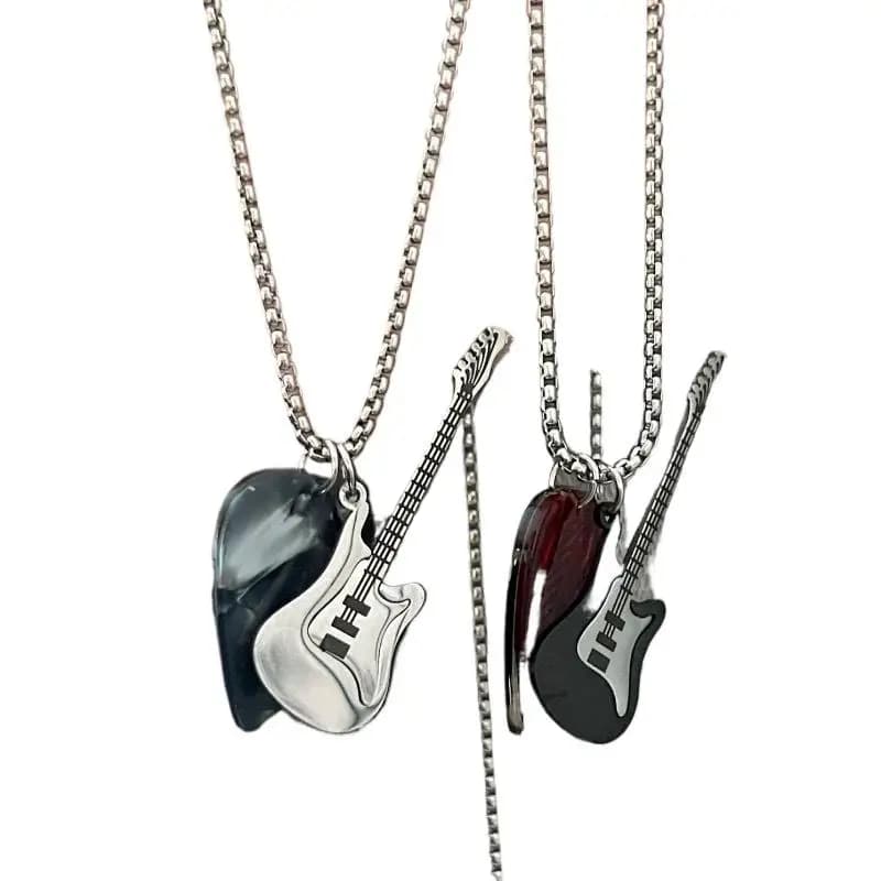 Collana con Ciondolo Plettro per Chitarra Hip-hop, Girocollo Punk in Acciaio al Titanio con Catena a Chitarra, Collana Trendy Vintage con Chitarra Elettrica per Ragazzi