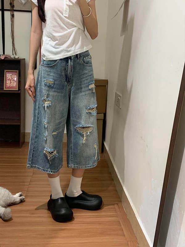 Jeans da donna stile americano vintage lavato e strappato, modello estivo nuovo, a gamba larga, lunghezza 7/8, casual a vita alta