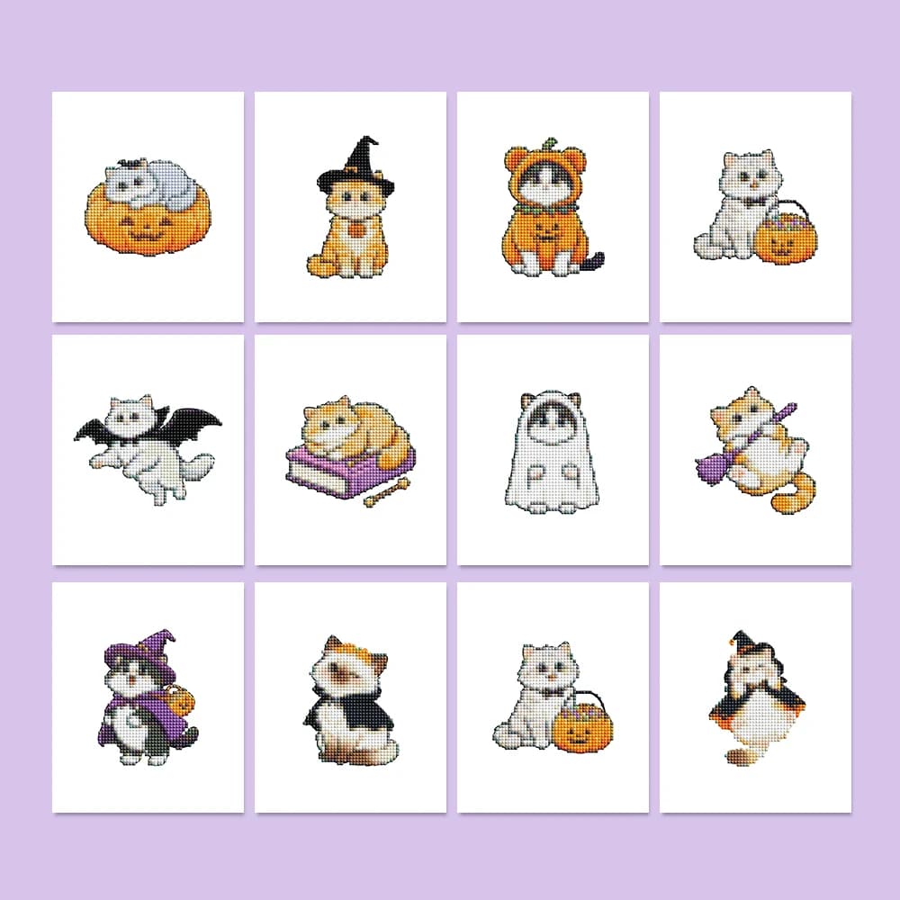 New 12pc Cute Halloween Cat Theme Diy Mini Diamond Painting Bat-winged Cat Witch Cat Patterns Simple Hand Home Decor