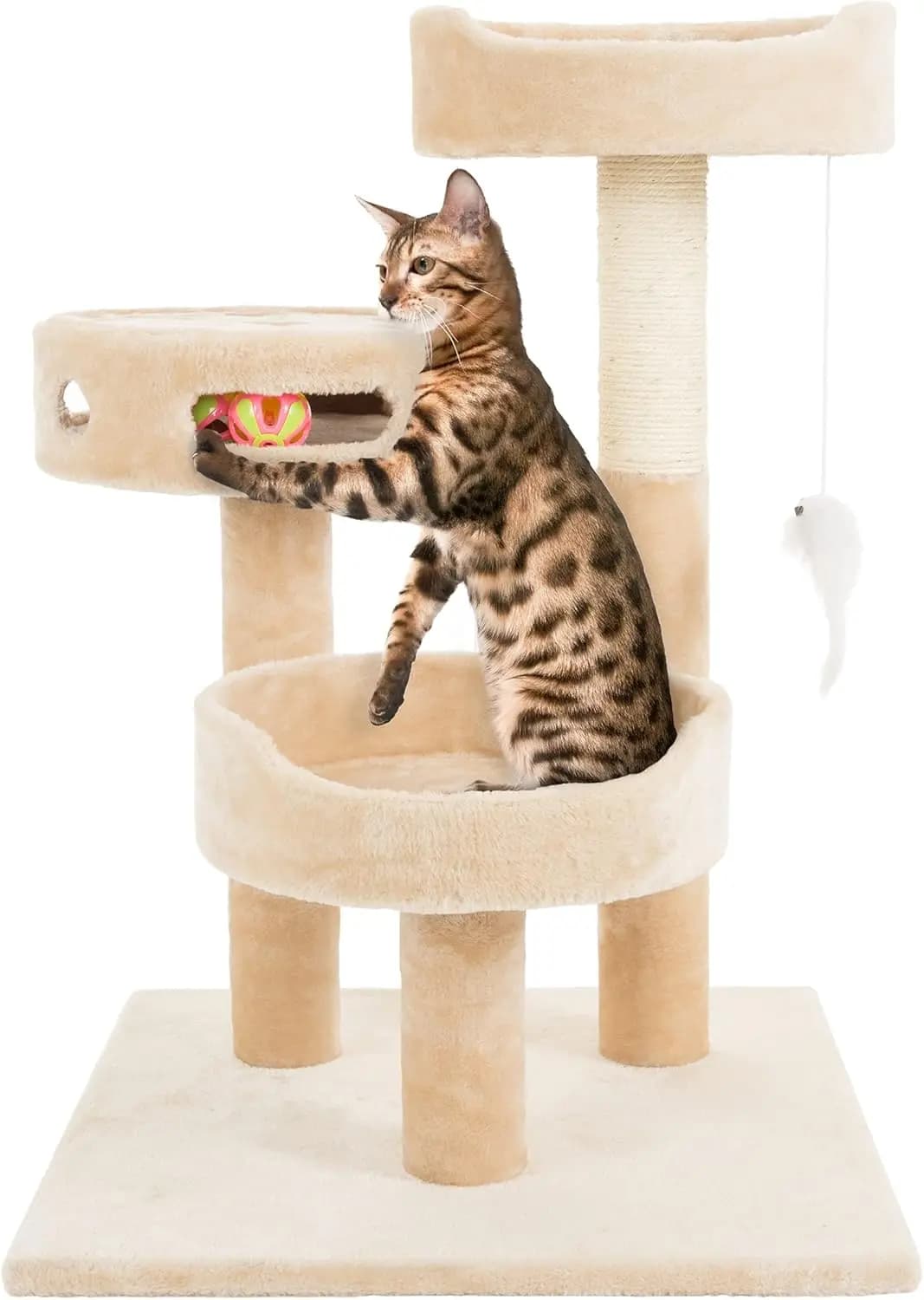 Albero per Gatti a 3 Livelli - Torre Alta con 2 Posti Riposo, Tiragraffi in Corda di Sisal, Topolino Appeso e Giochi Interattivi