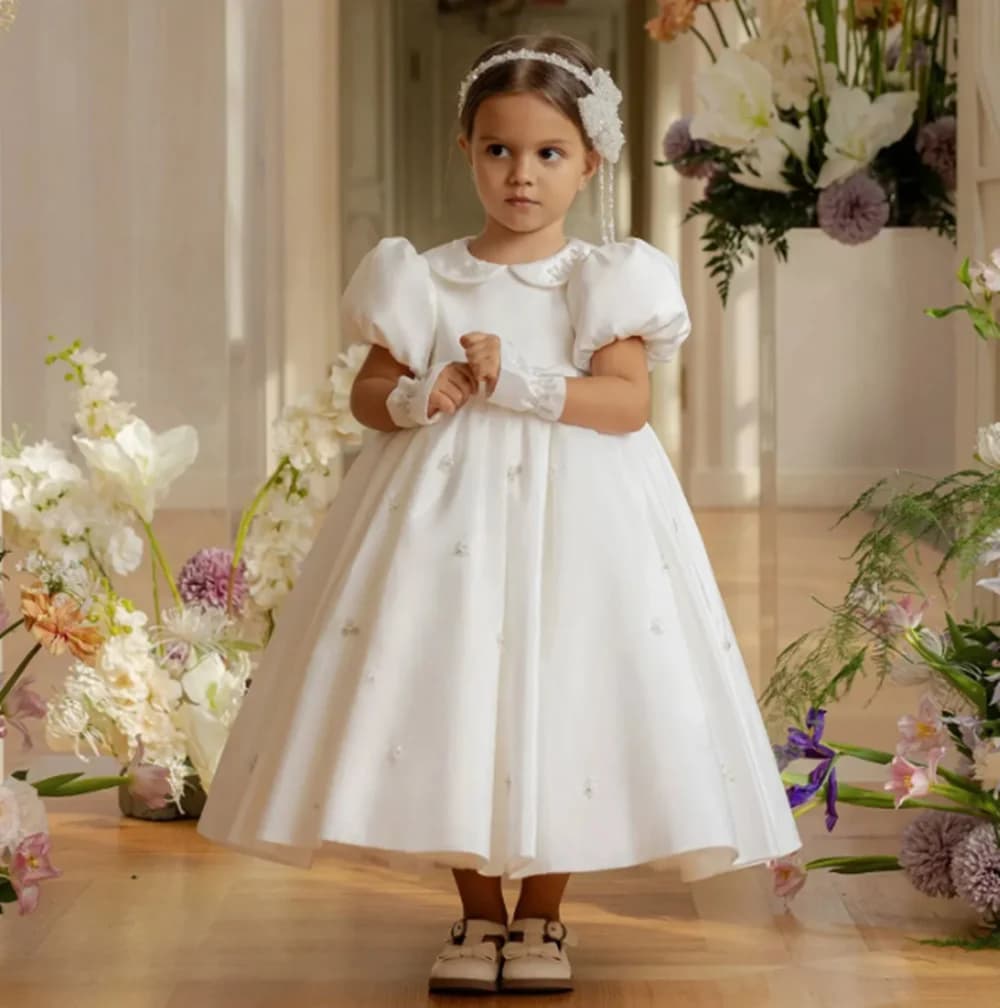Abiti da ragazza di fiore eleganti personalizzati per matrimonio Perle di perline Maniche corte Abito da spettacolo per prima comunione per festa di compleanno per bambini