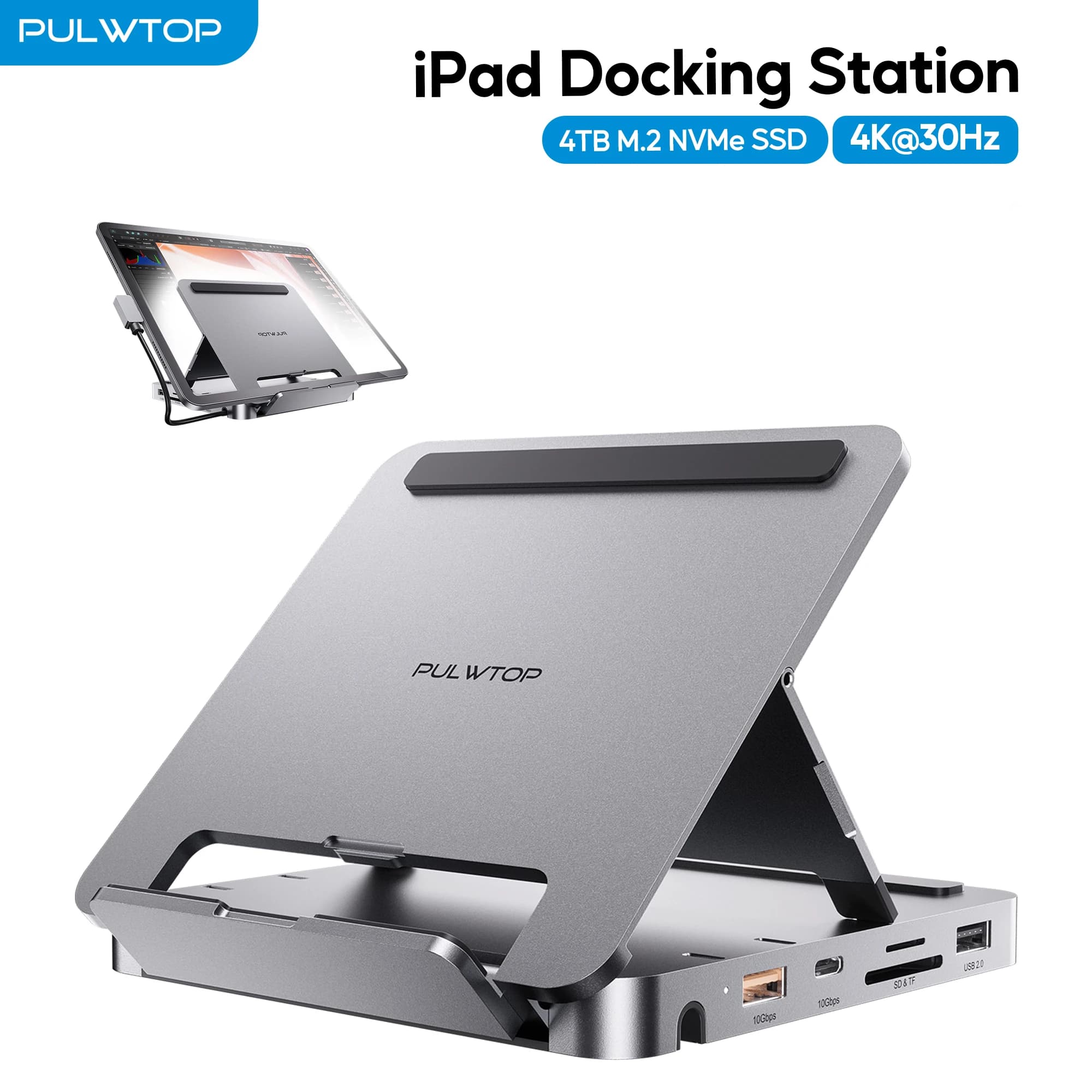 Hub USB C per iPad PULWTOP, dock per iPad con HDMI 4K, PD 100 W, supporto SSD M.2 NVMe, base di supporto pieghevole per iPad, MacBook, Windows