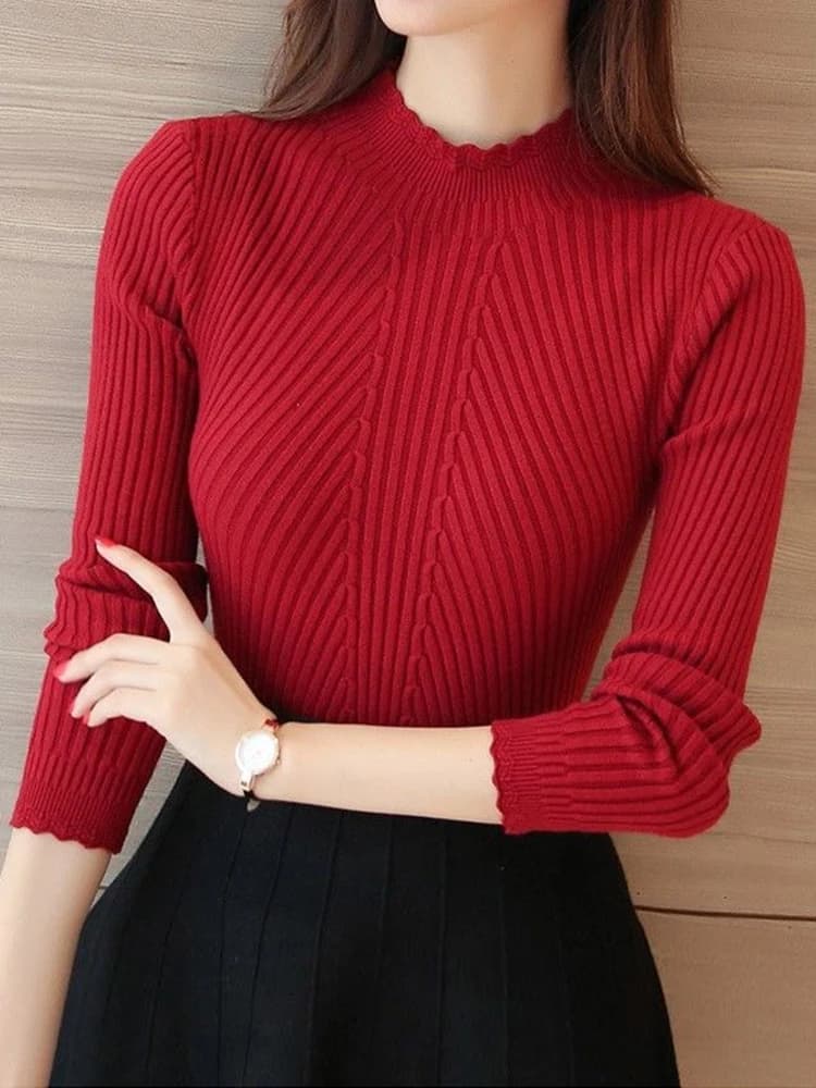 Maglione da donna autunnale 2026 con collo a lupetto e volant, a maniche lunghe, lavorato a maglia, tinta unita, pullover casual a righe da donna per l'inverno